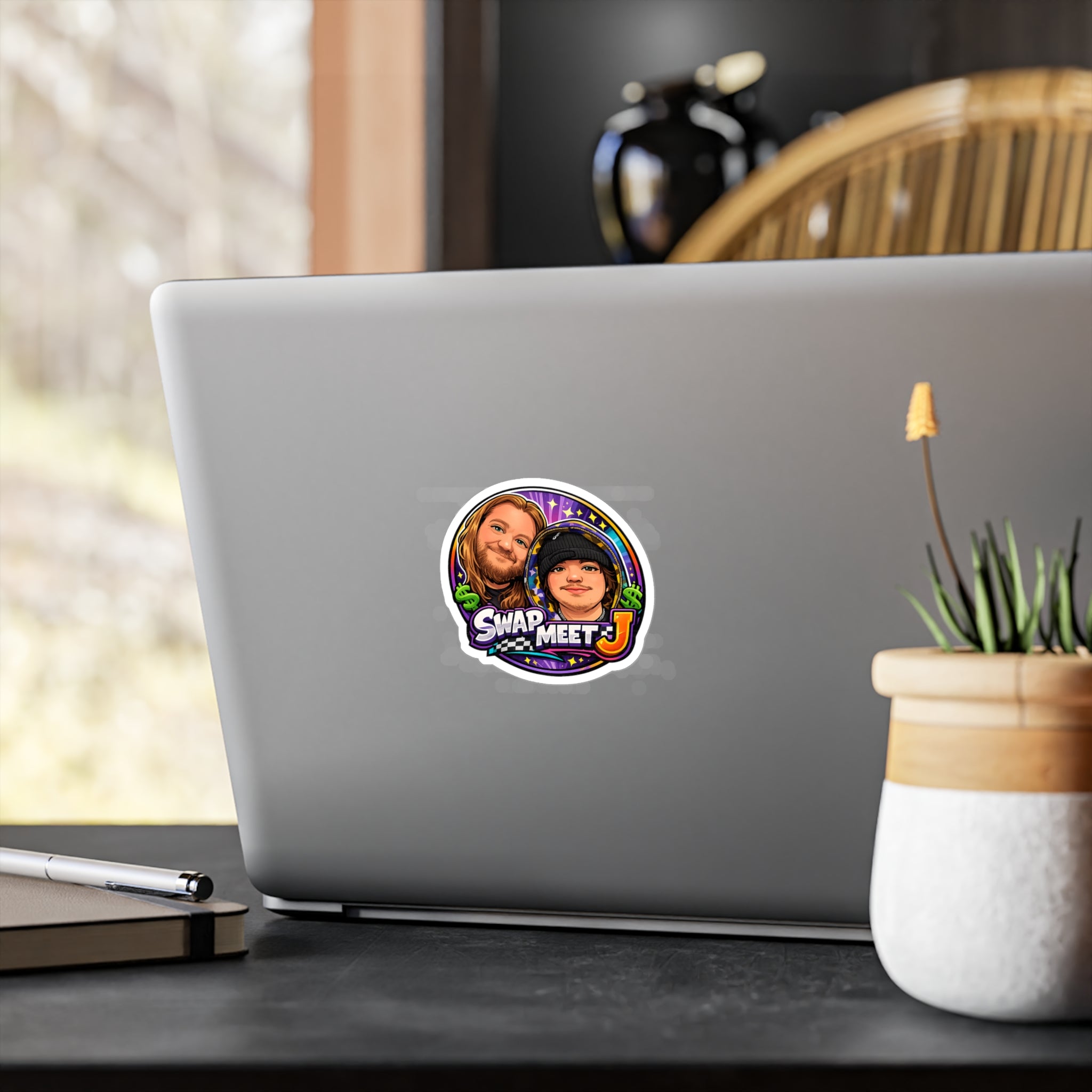 Swap Meet J Kiss-Cut Vinyl Sticker — Cartoon Portrait Logo Decal