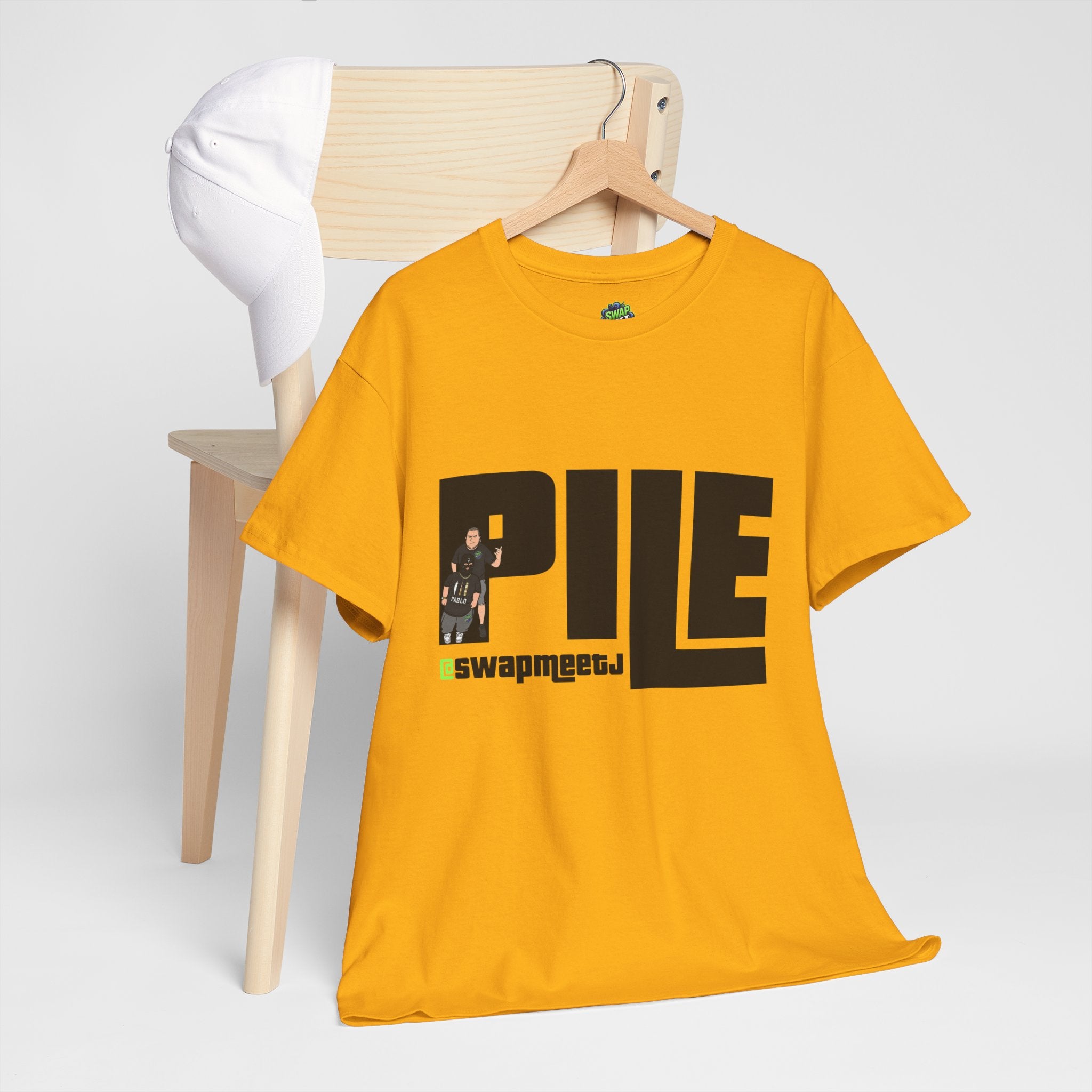 Pile Graphic Tee — Bold Block Letter Design with Photo Accent