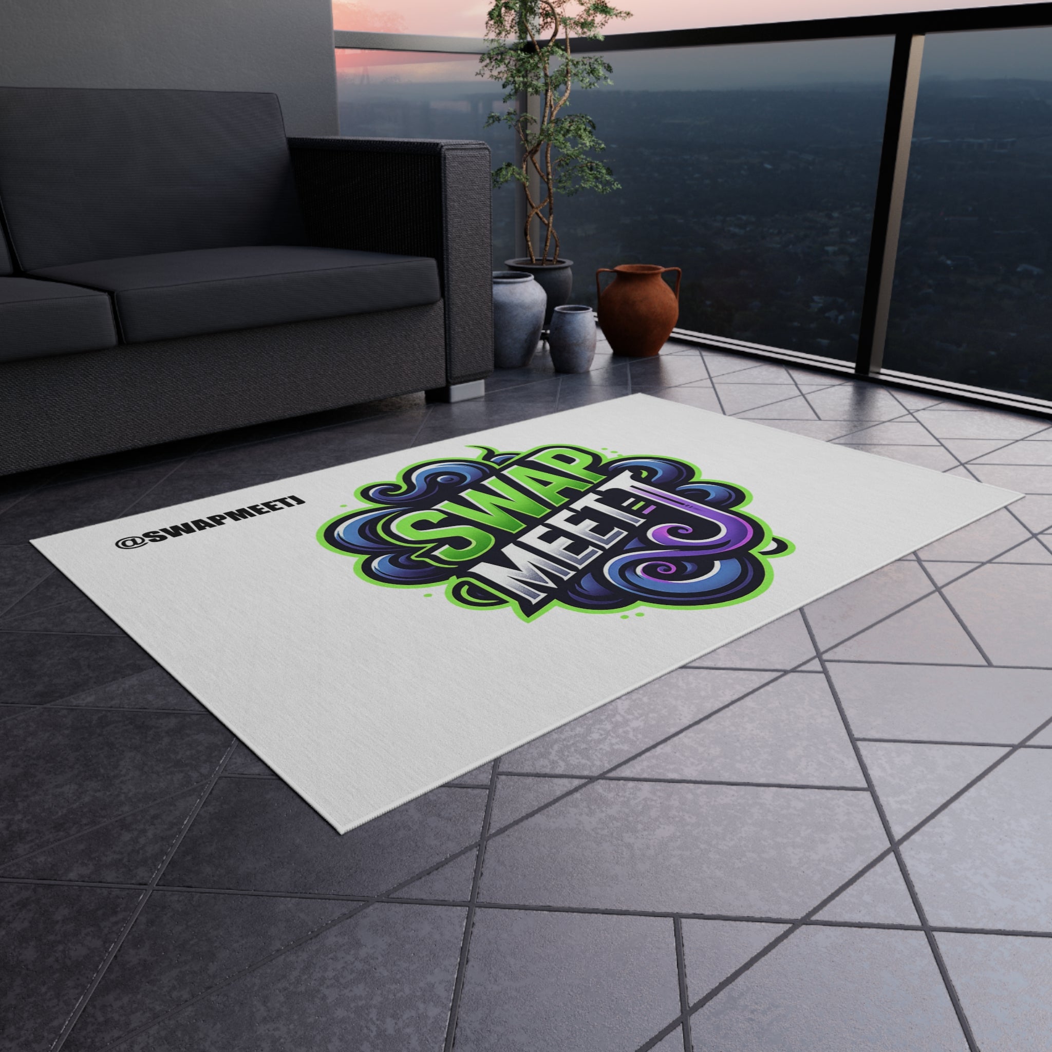 Swap Meet Graphic Outdoor Rug – Bold Neon Logo Doormat