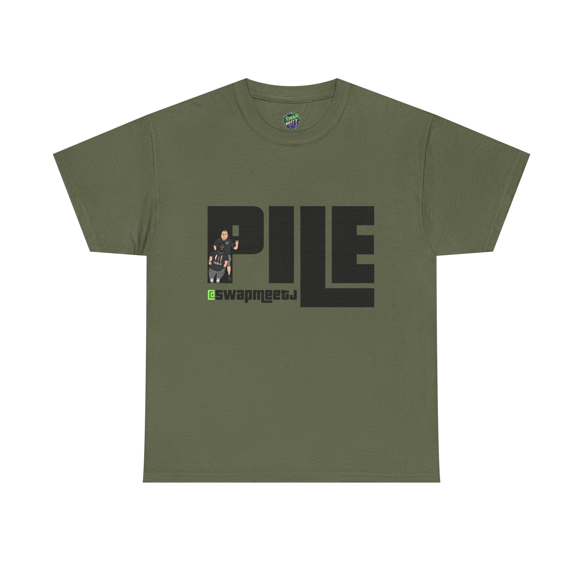Pile Graphic Tee — Bold Block Letter Design with Photo Accent