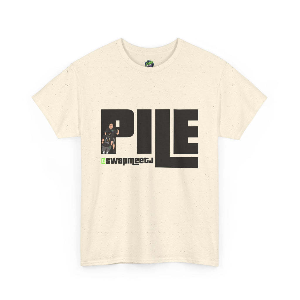Pile Graphic Tee — Bold Block Letter Design with Photo Accent
