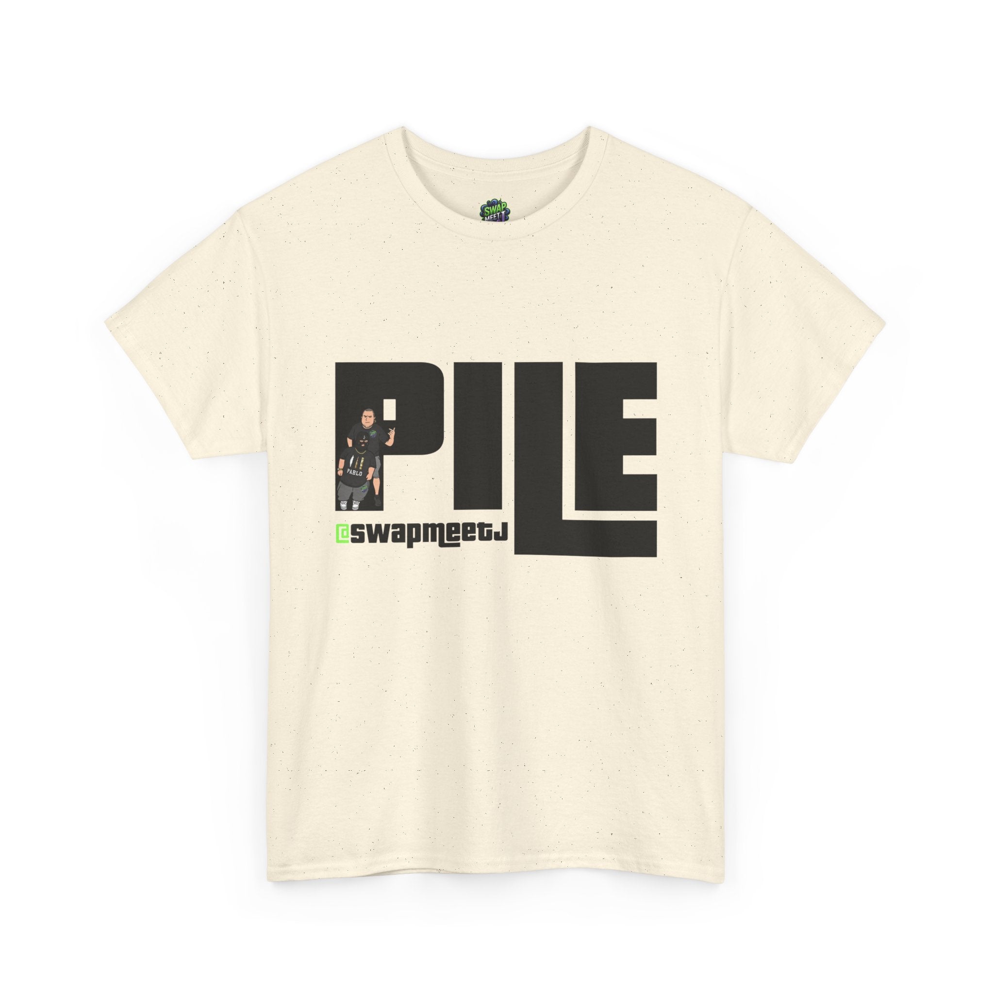 Pile Graphic Tee — Bold Block Letter Design with Photo Accent