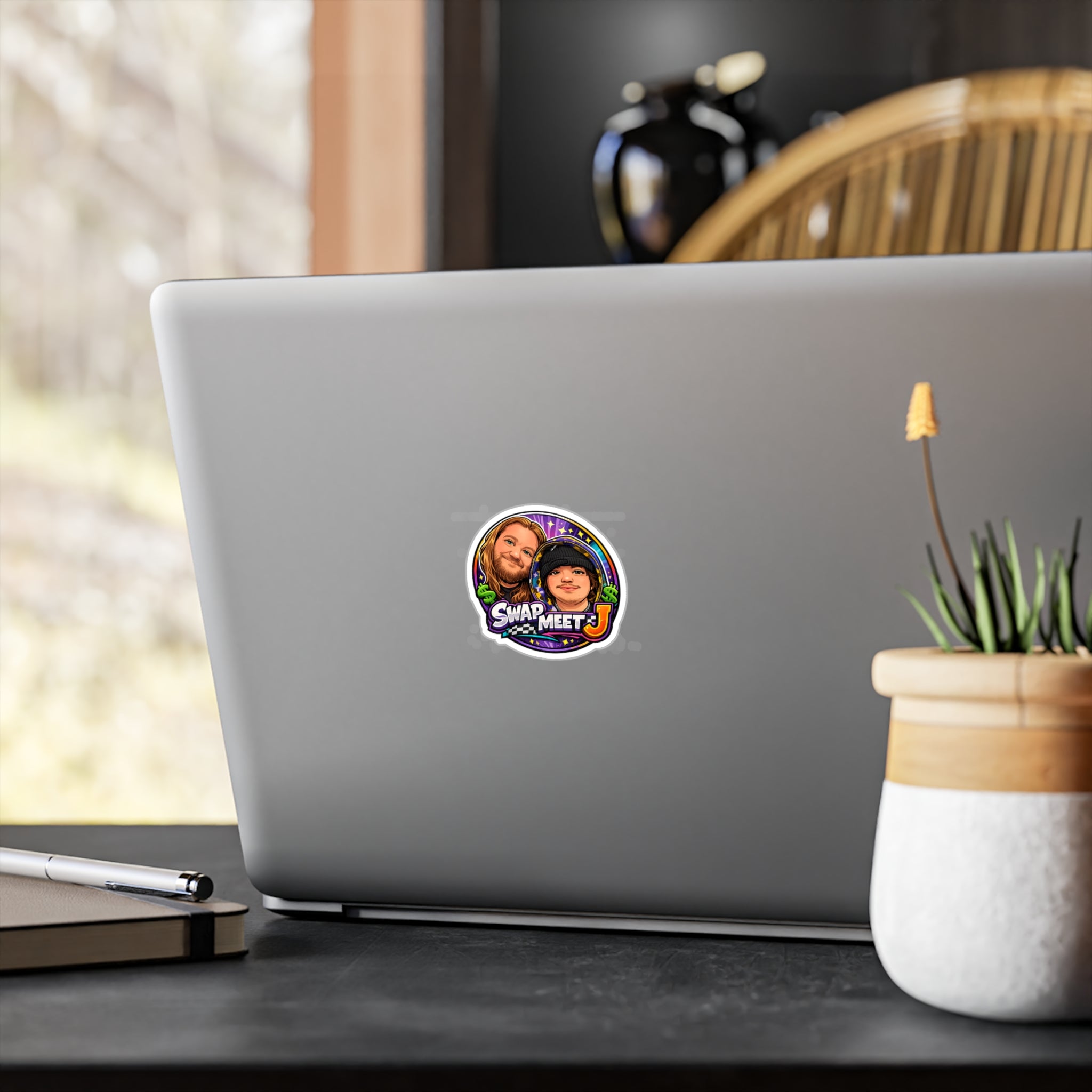 Swap Meet J Kiss-Cut Vinyl Sticker — Cartoon Portrait Logo Decal