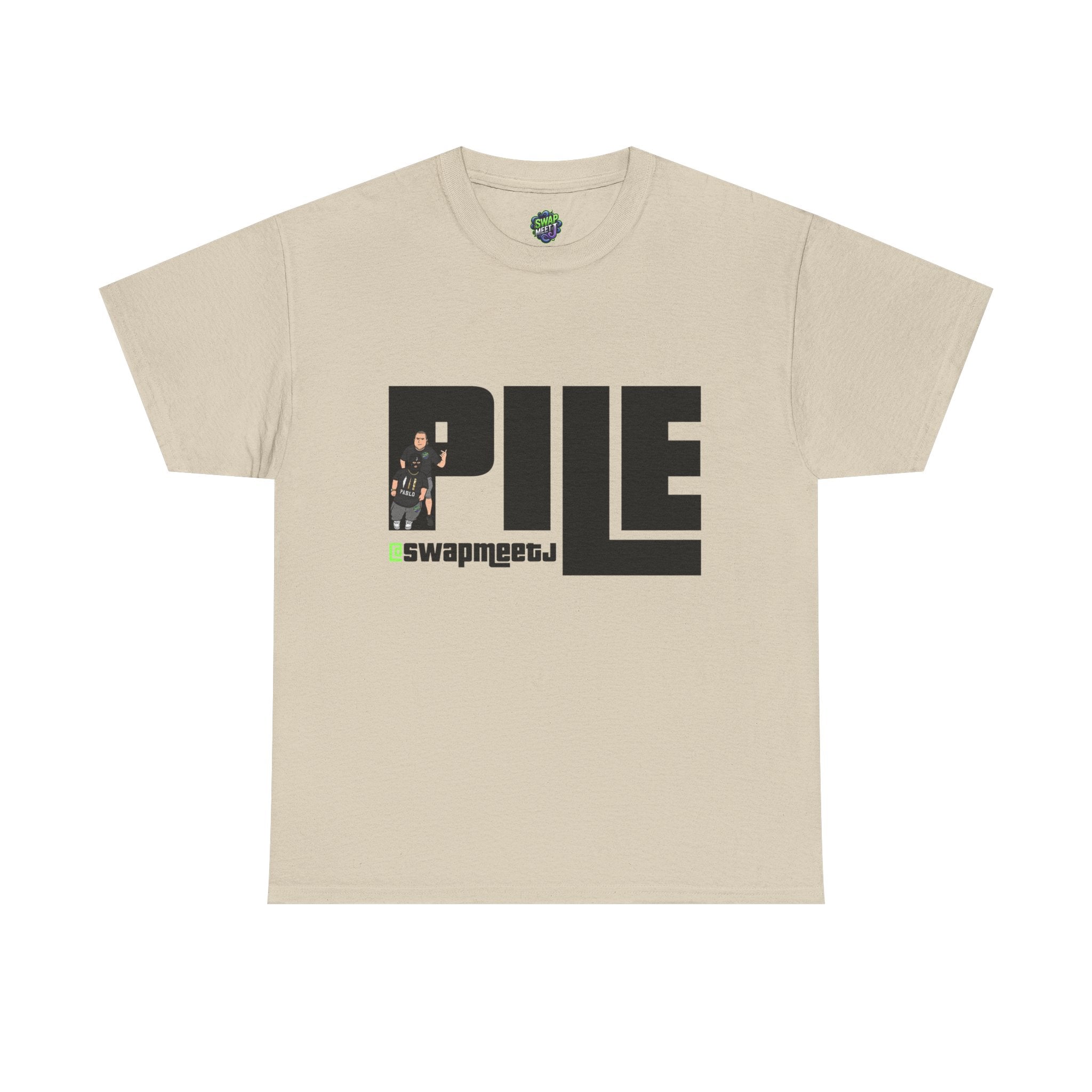 Pile Graphic Tee — Bold Block Letter Design with Photo Accent