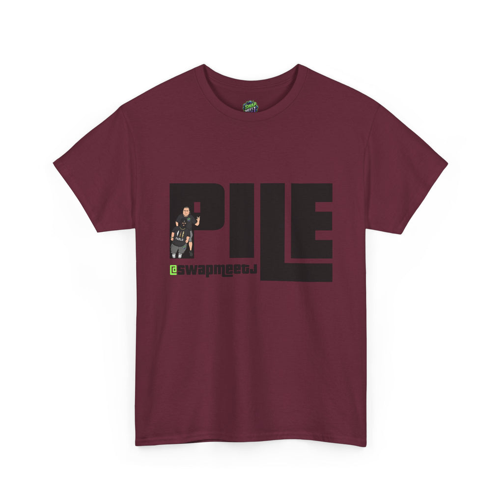 Pile Graphic Tee — Bold Block Letter Design with Photo Accent