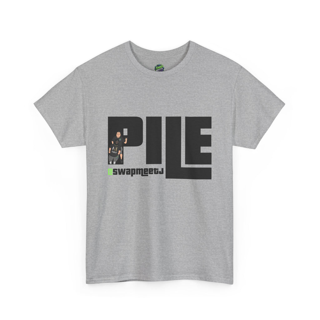 Pile Graphic Tee — Bold Block Letter Design with Photo Accent