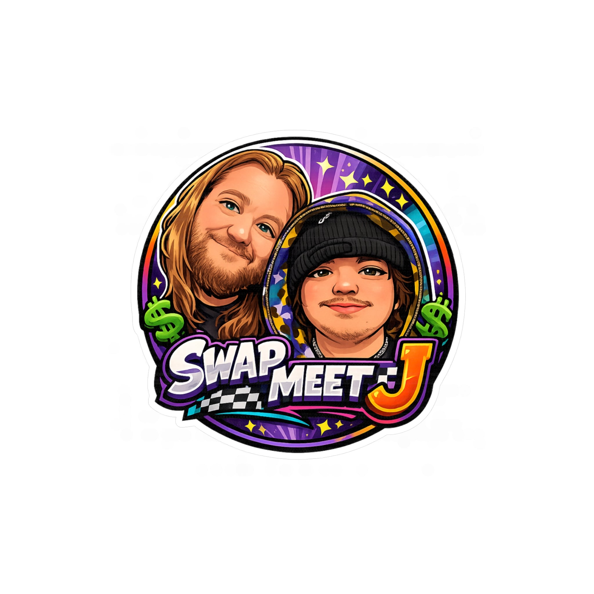 Swap Meet J Kiss-Cut Vinyl Sticker — Cartoon Portrait Logo Decal