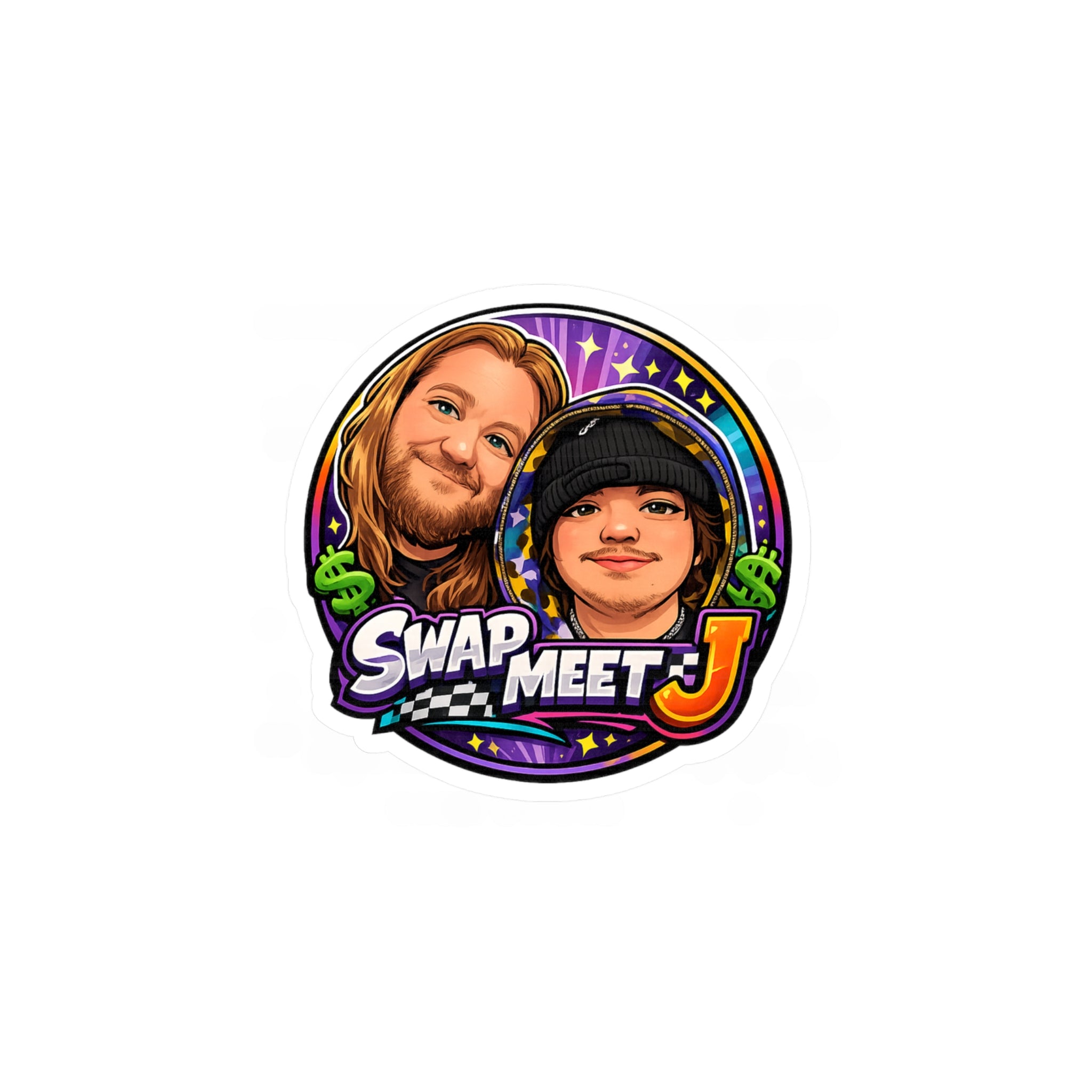 Swap Meet J Kiss-Cut Vinyl Sticker — Cartoon Portrait Logo Decal