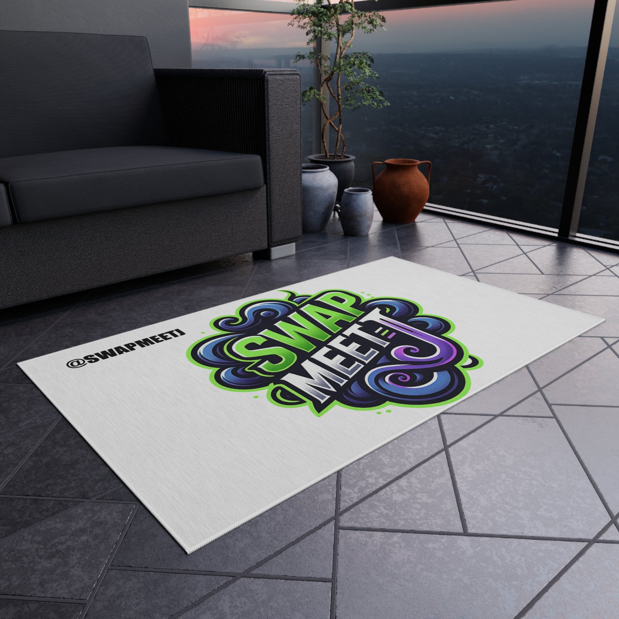Swap Meet Graphic Outdoor Rug – Bold Neon Logo Doormat