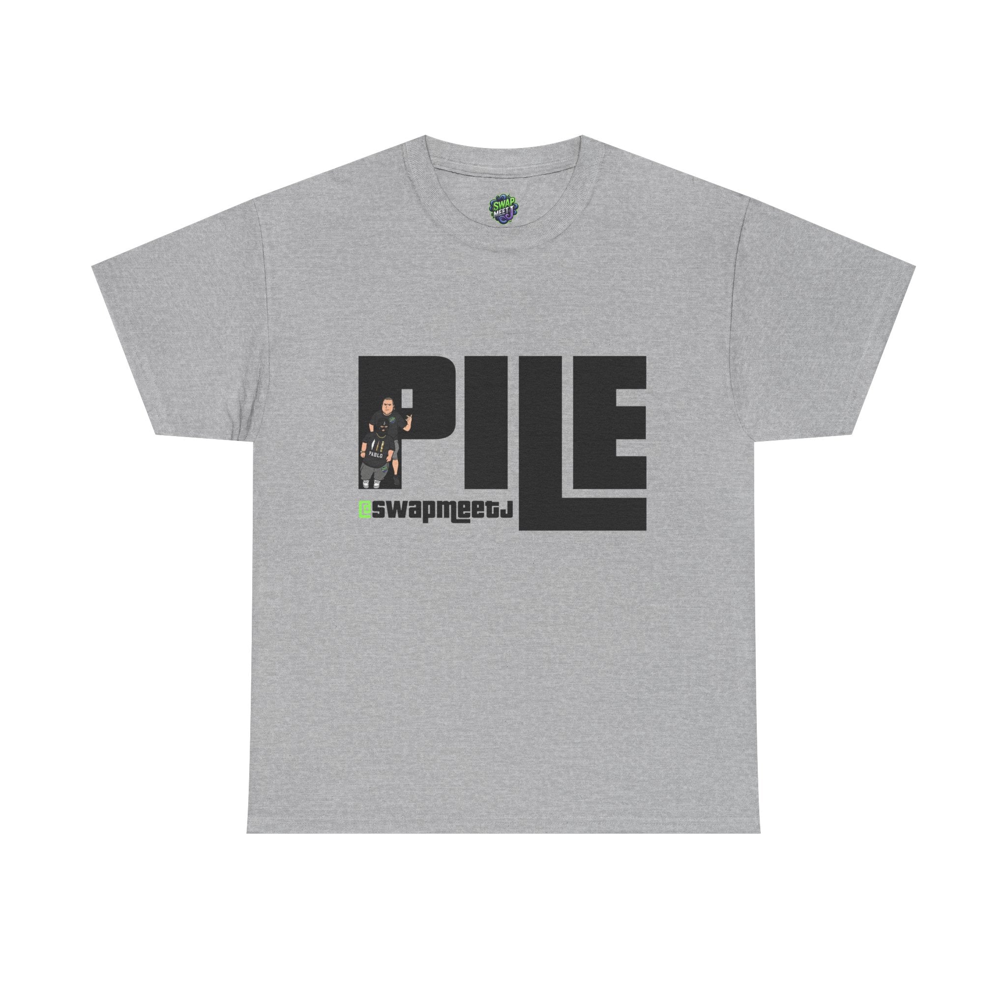 Pile Graphic Tee — Bold Block Letter Design with Photo Accent