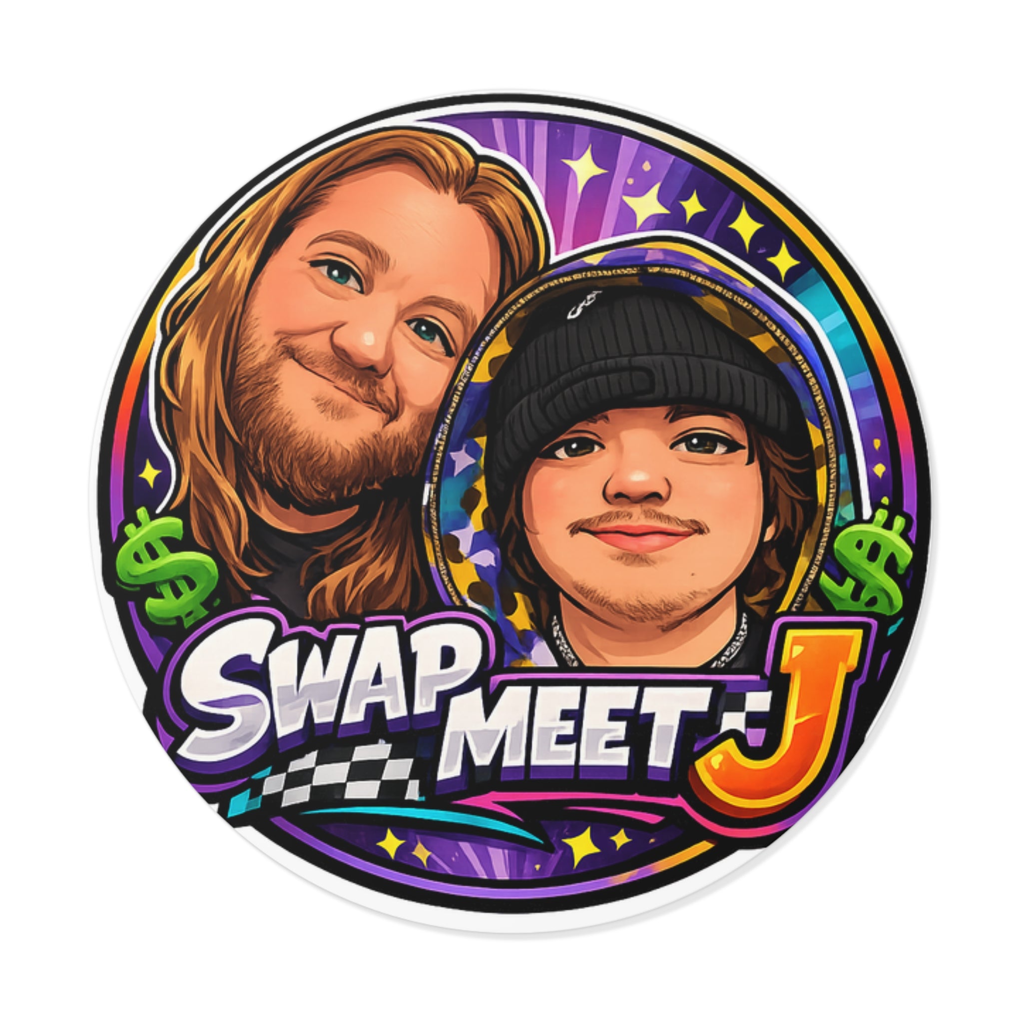 Swap Meet J Round Vinyl Sticker — Cartoon Duo Logo Sticker