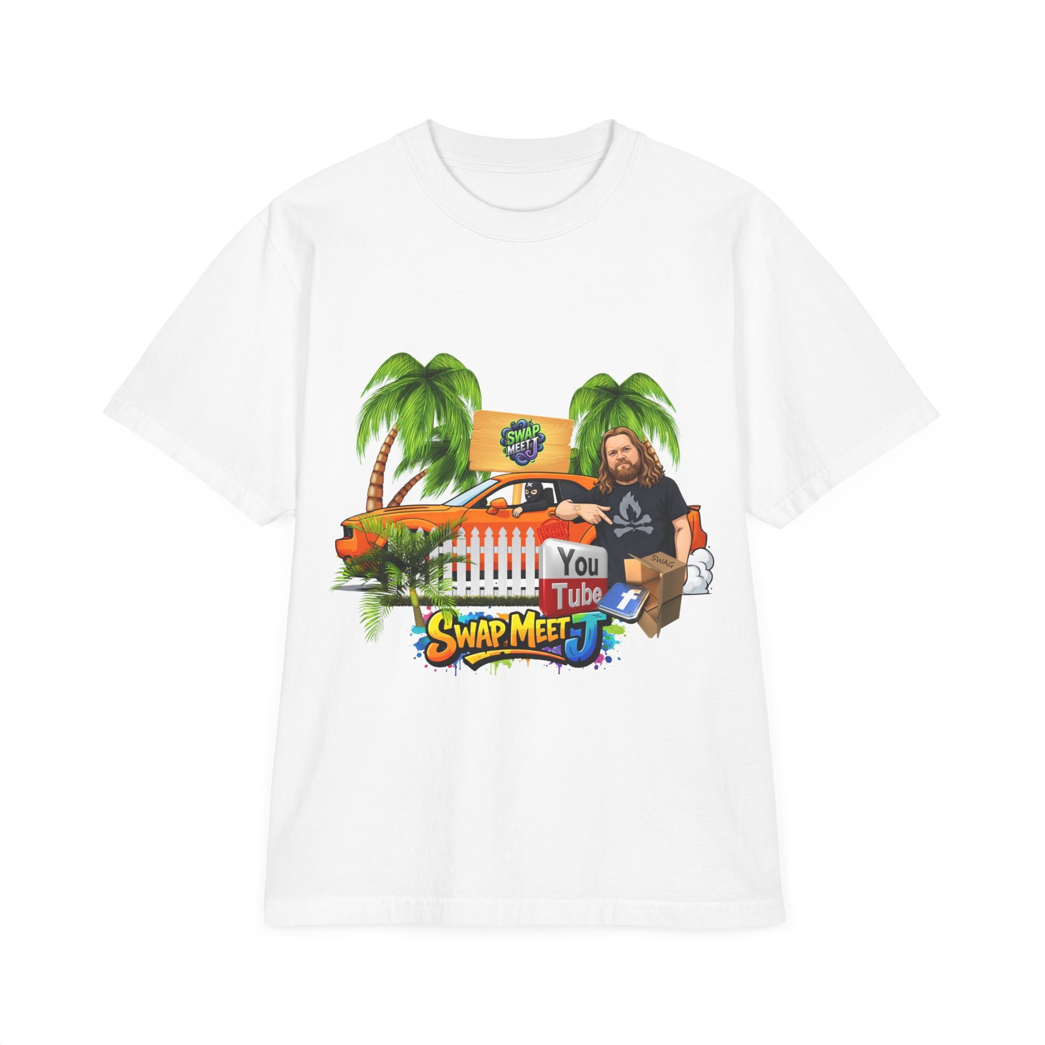 YouTube Swap Meet T-Shirt — Vintage Car, Palm Trees & Host Graphic Tee