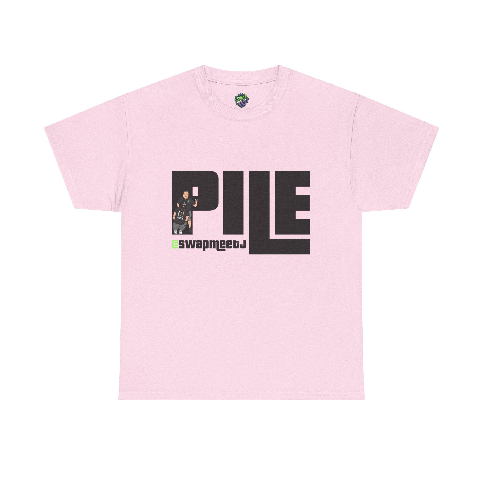 Pile Graphic Tee — Bold Block Letter Design with Photo Accent