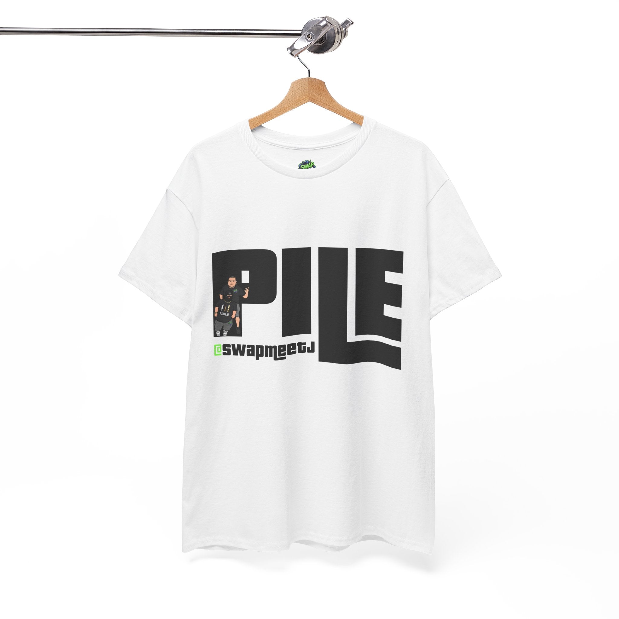 Pile Graphic Tee — Bold Block Letter Design with Photo Accent
