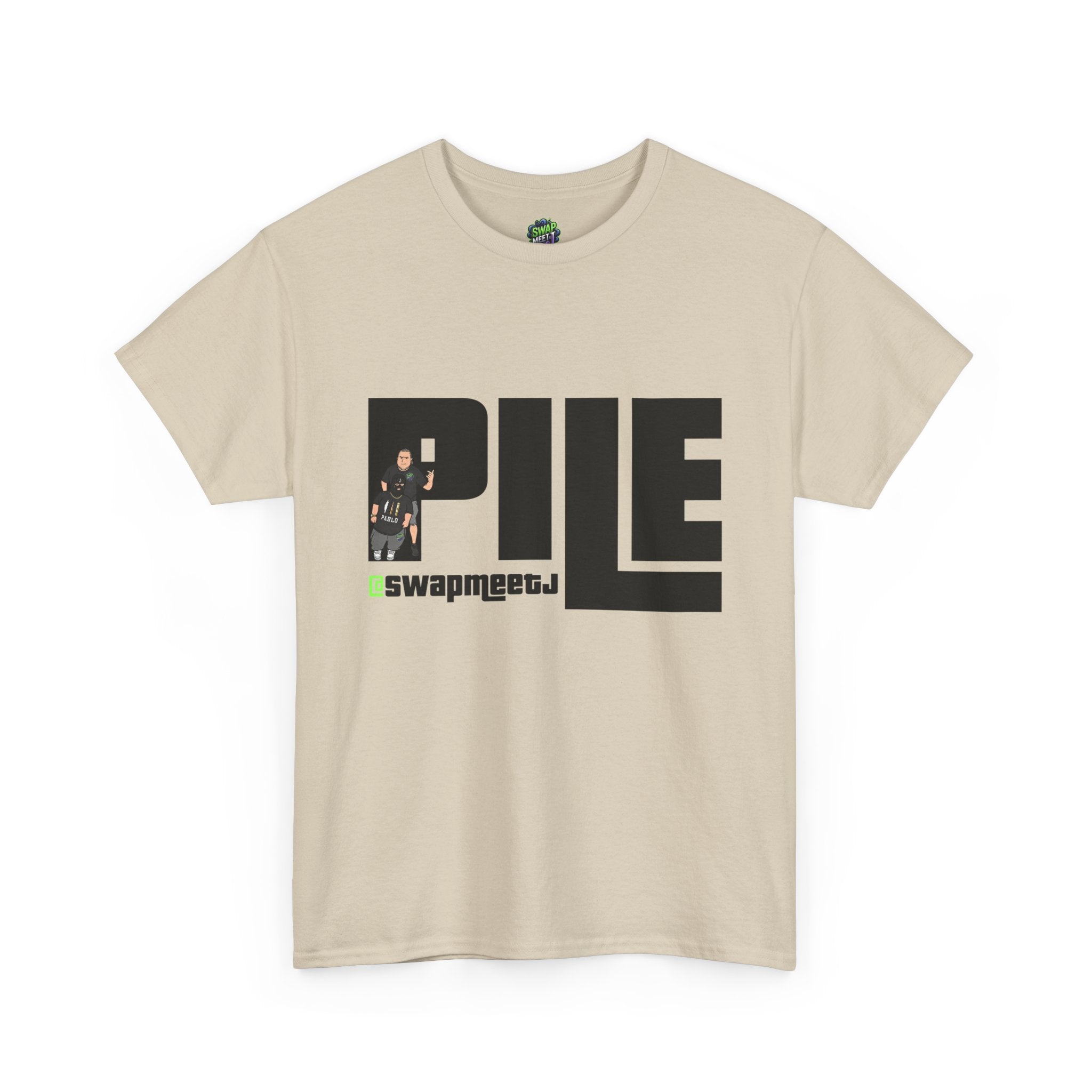 Pile Graphic Tee — Bold Block Letter Design with Photo Accent