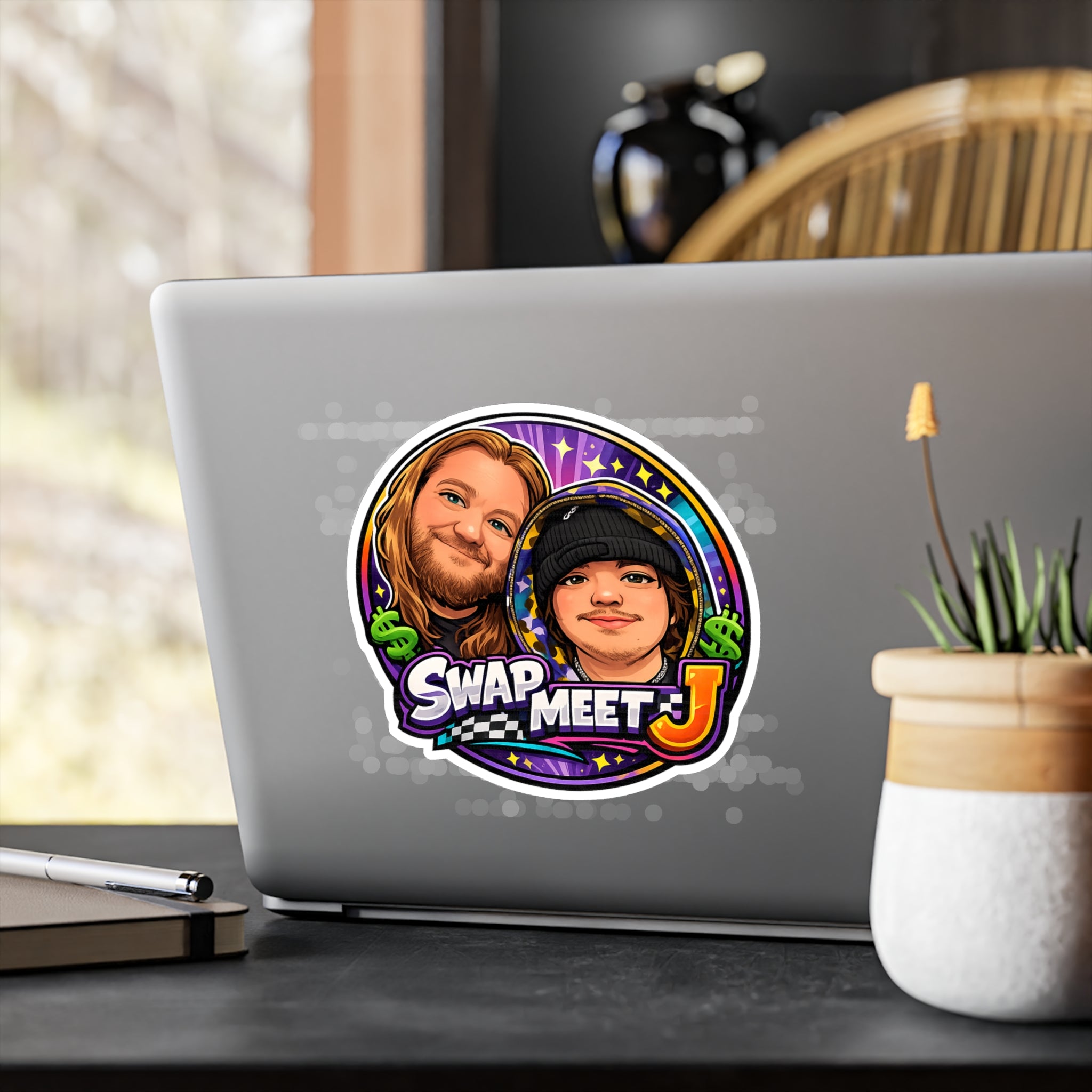 Swap Meet J Kiss-Cut Vinyl Sticker — Cartoon Portrait Logo Decal