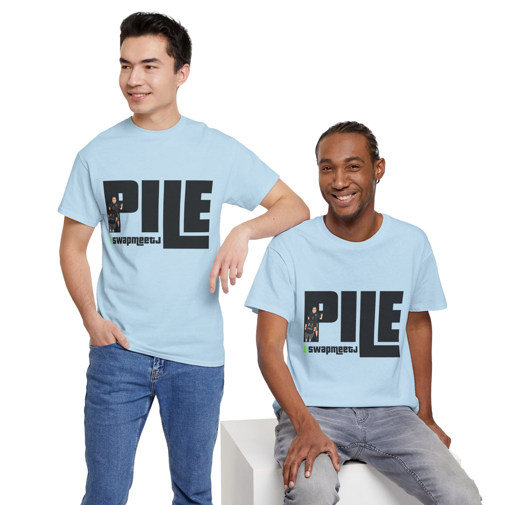 Pile Graphic Tee — Bold Block Letter Design with Photo Accent
