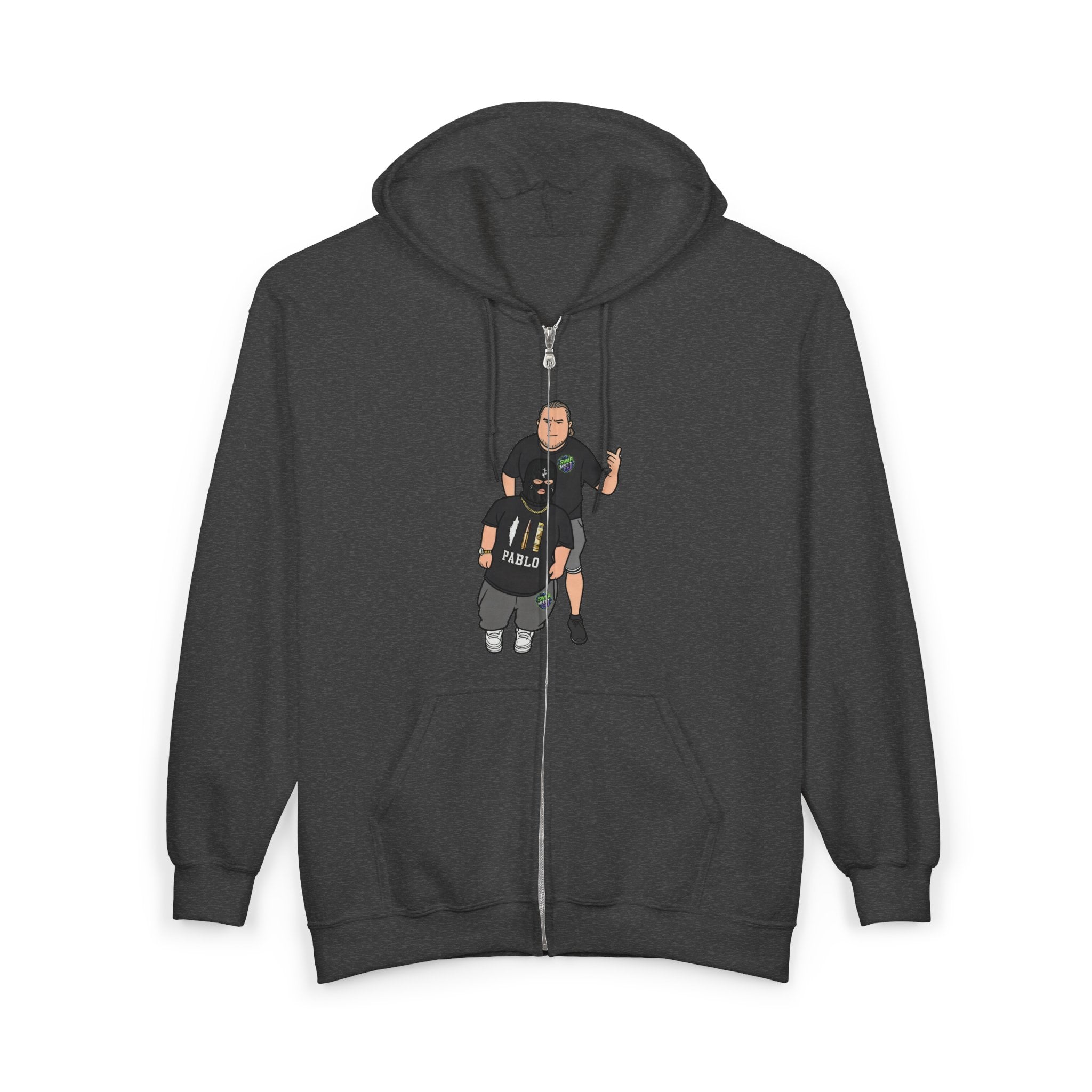 Zip Hoodie with Rebellious Cartoon Graphic — Edgy Streetwear Zip-Up