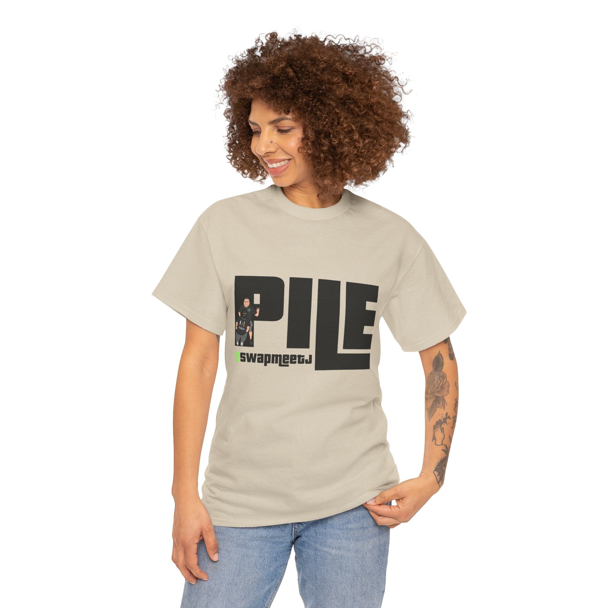 Pile Graphic Tee — Bold Block Letter Design with Photo Accent