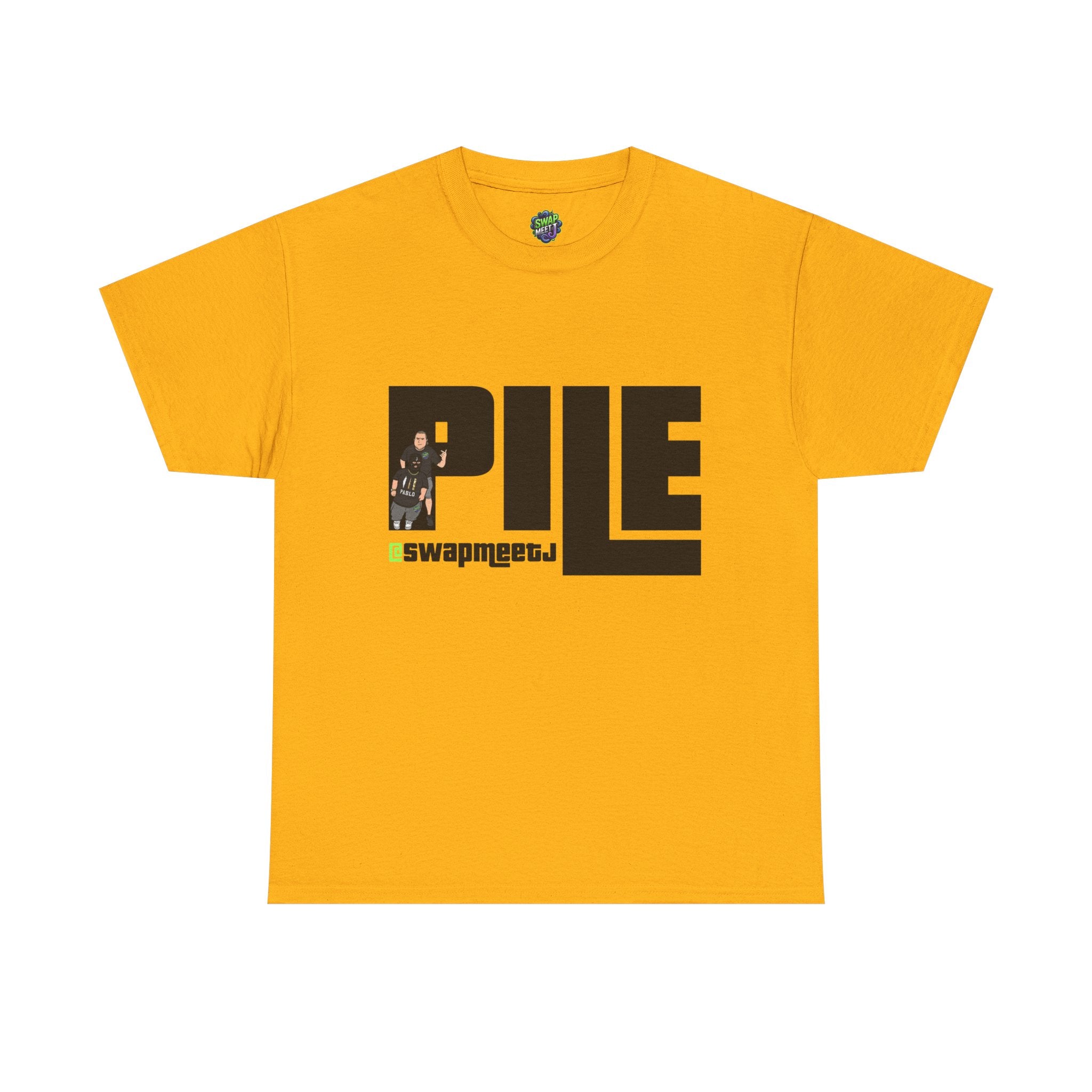 Pile Graphic Tee — Bold Block Letter Design with Photo Accent