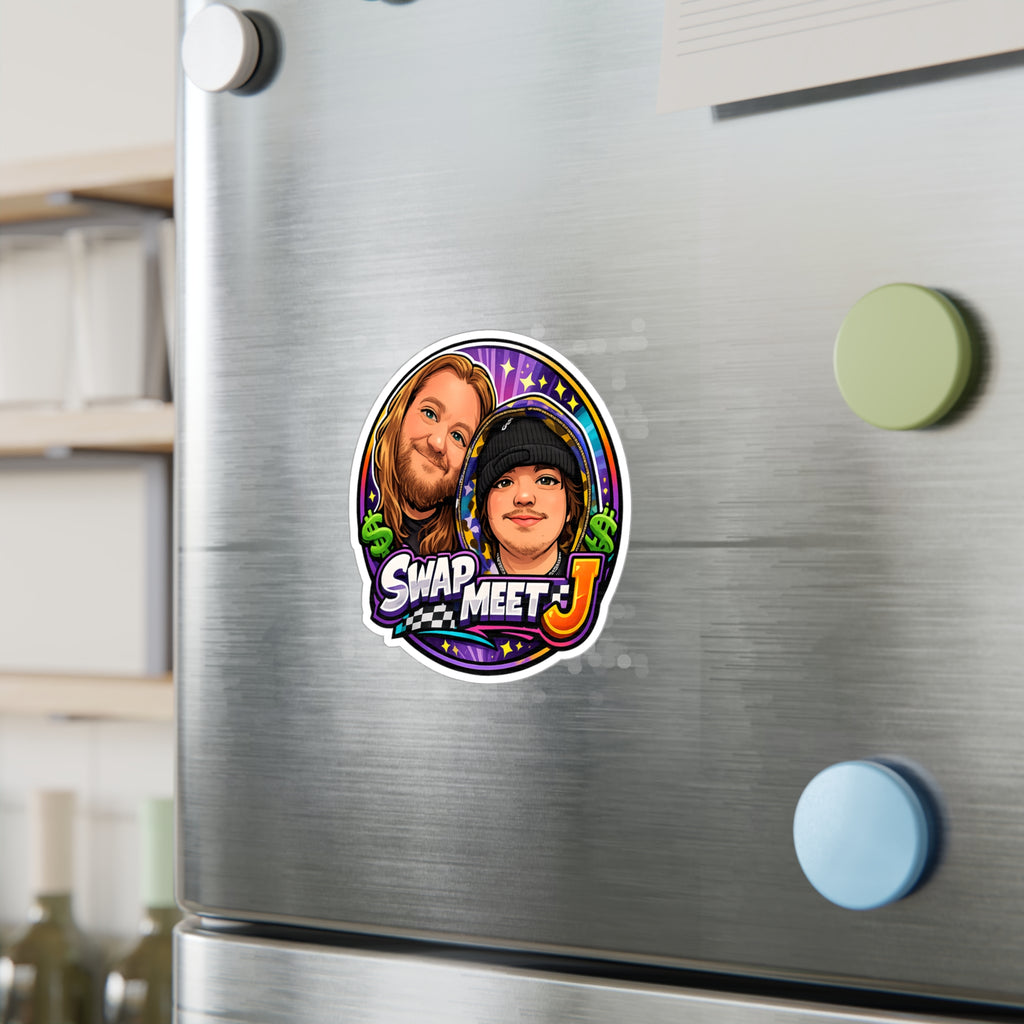 Swap Meet J Kiss-Cut Vinyl Sticker — Cartoon Portrait Logo Decal