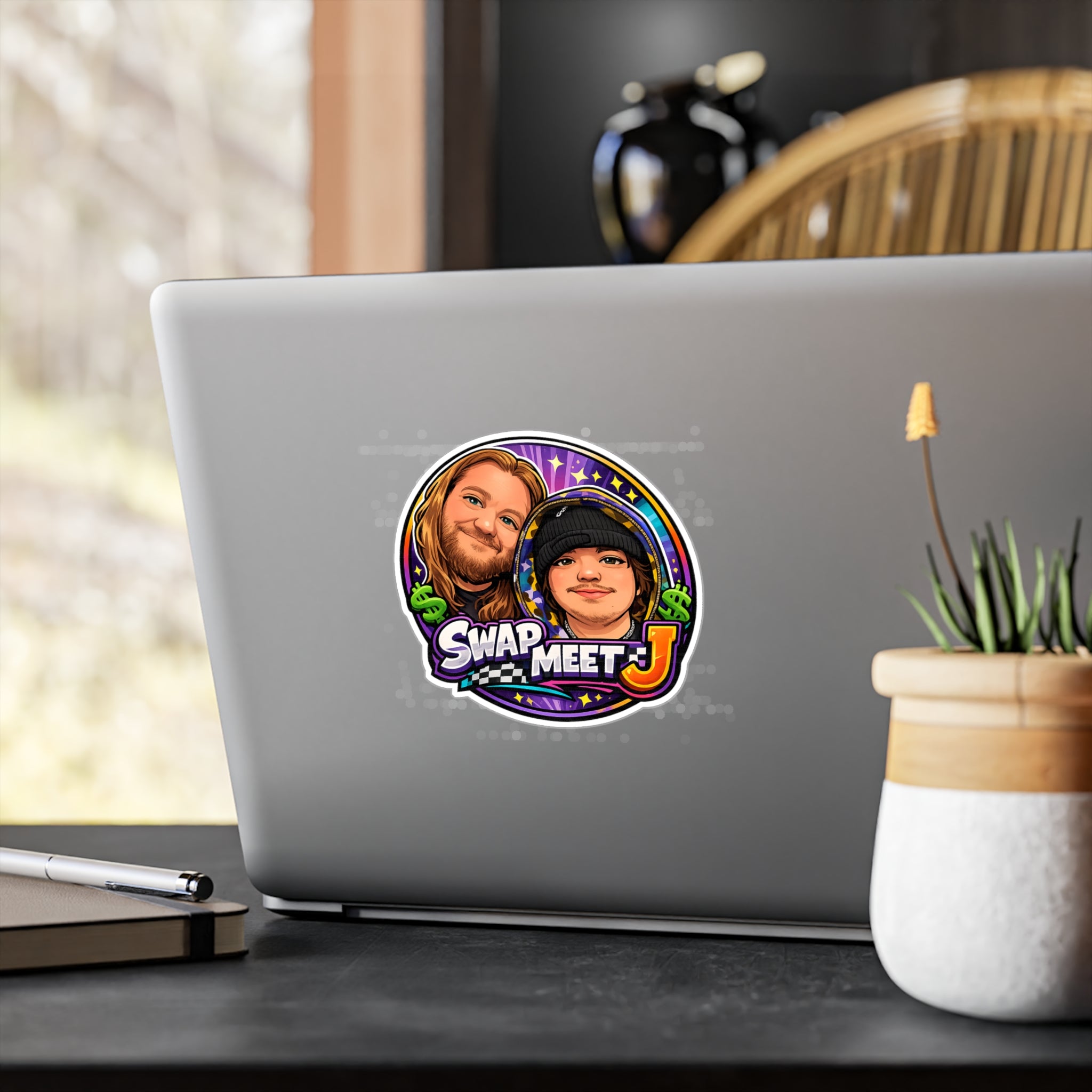 Swap Meet J Kiss-Cut Vinyl Sticker — Cartoon Portrait Logo Decal