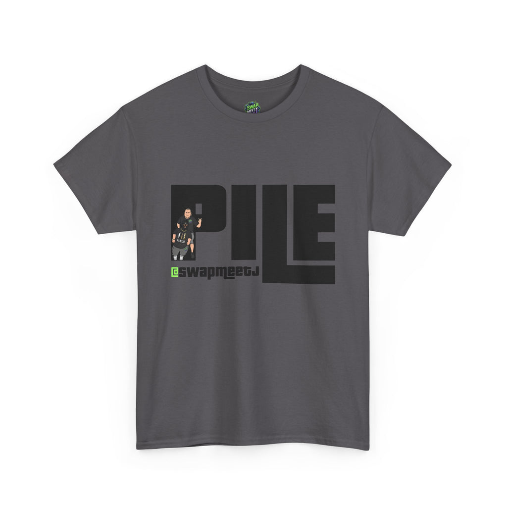 Pile Graphic Tee — Bold Block Letter Design with Photo Accent