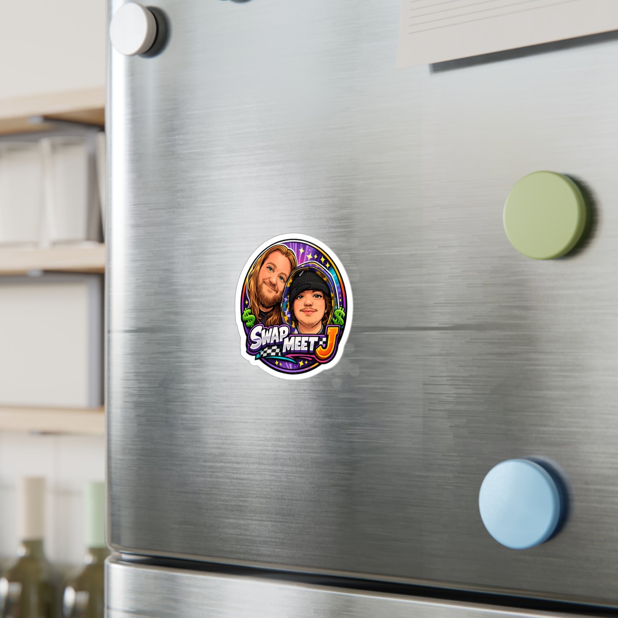 Swap Meet J Kiss-Cut Vinyl Sticker — Cartoon Portrait Logo Decal