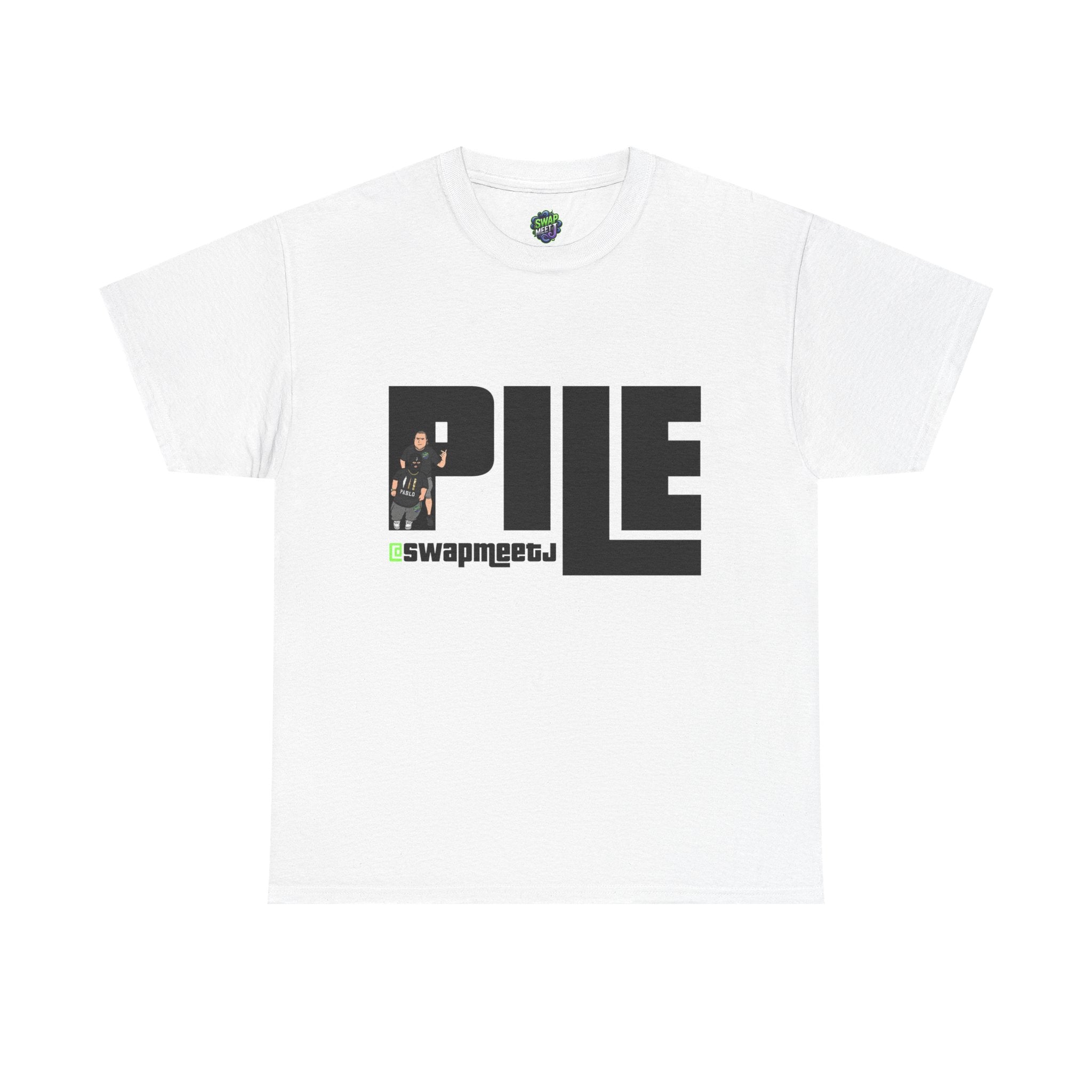 Pile Graphic Tee — Bold Block Letter Design with Photo Accent