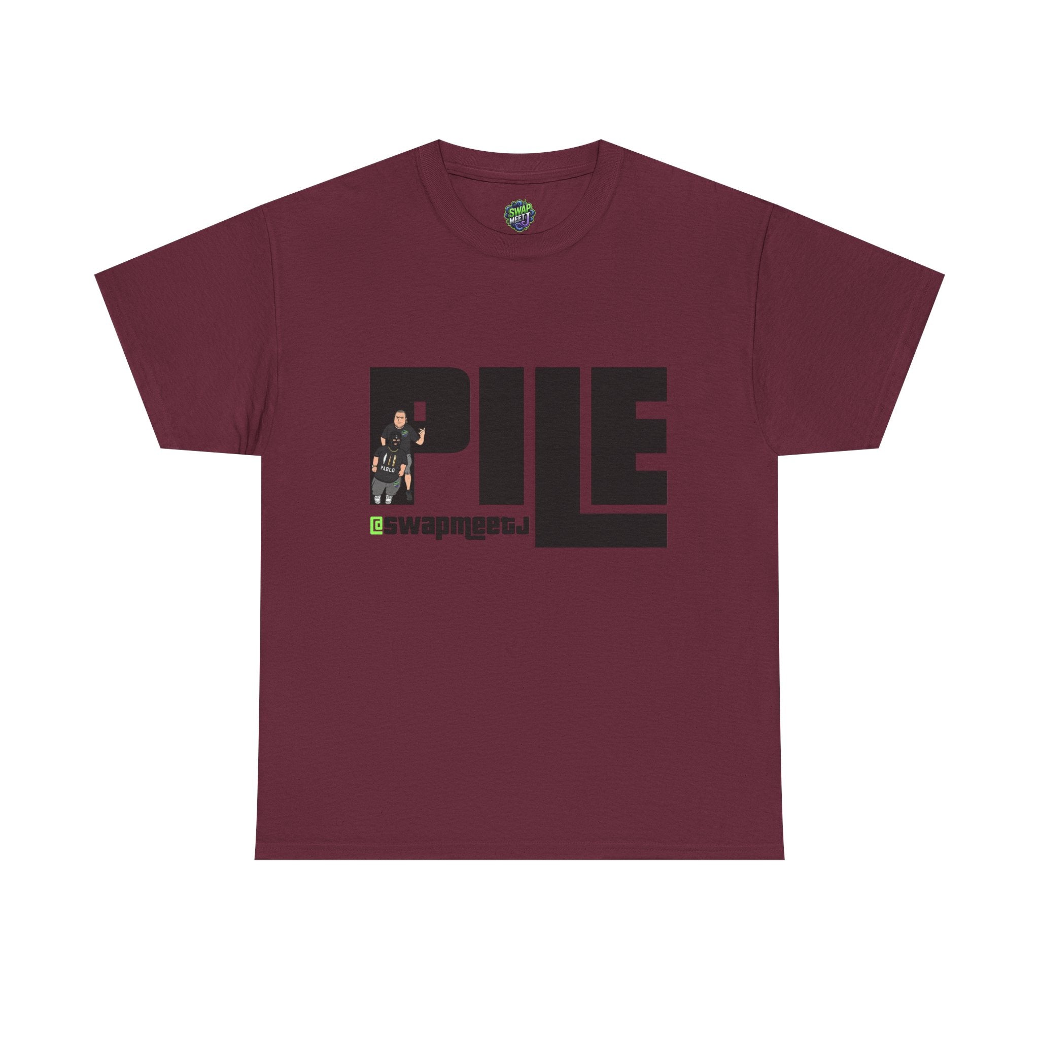 Pile Graphic Tee — Bold Block Letter Design with Photo Accent