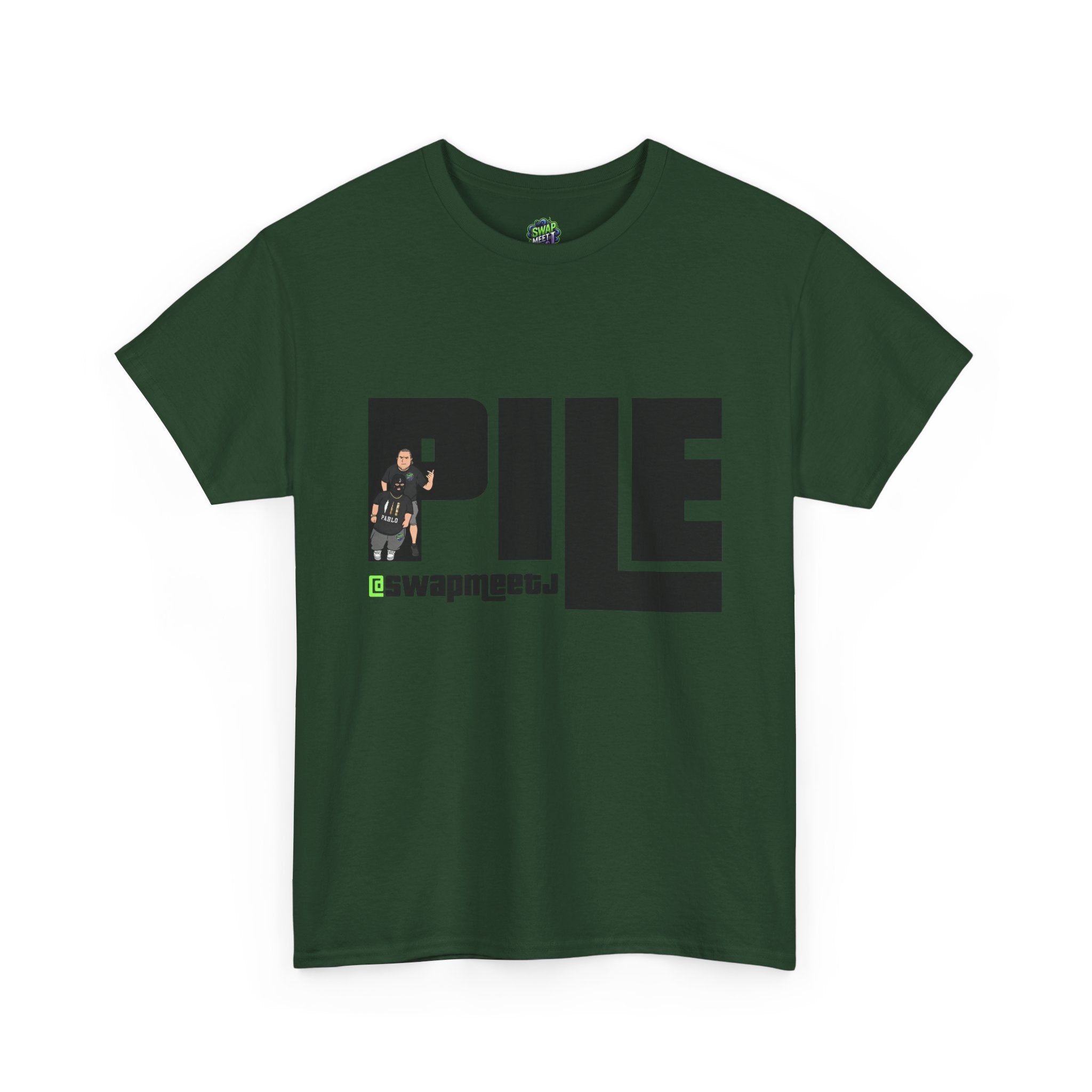 Pile Graphic Tee — Bold Block Letter Design with Photo Accent