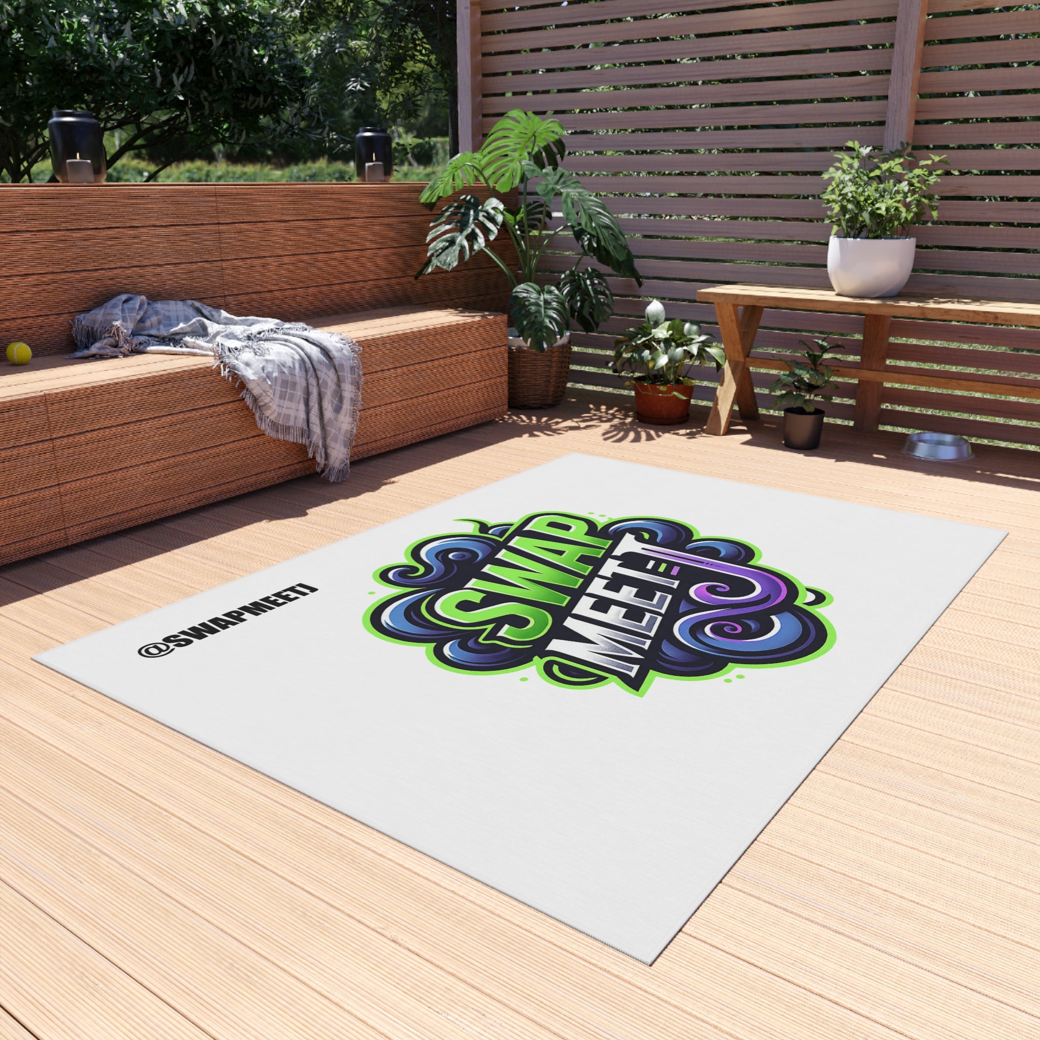 Swap Meet Graphic Outdoor Rug – Bold Neon Logo Doormat