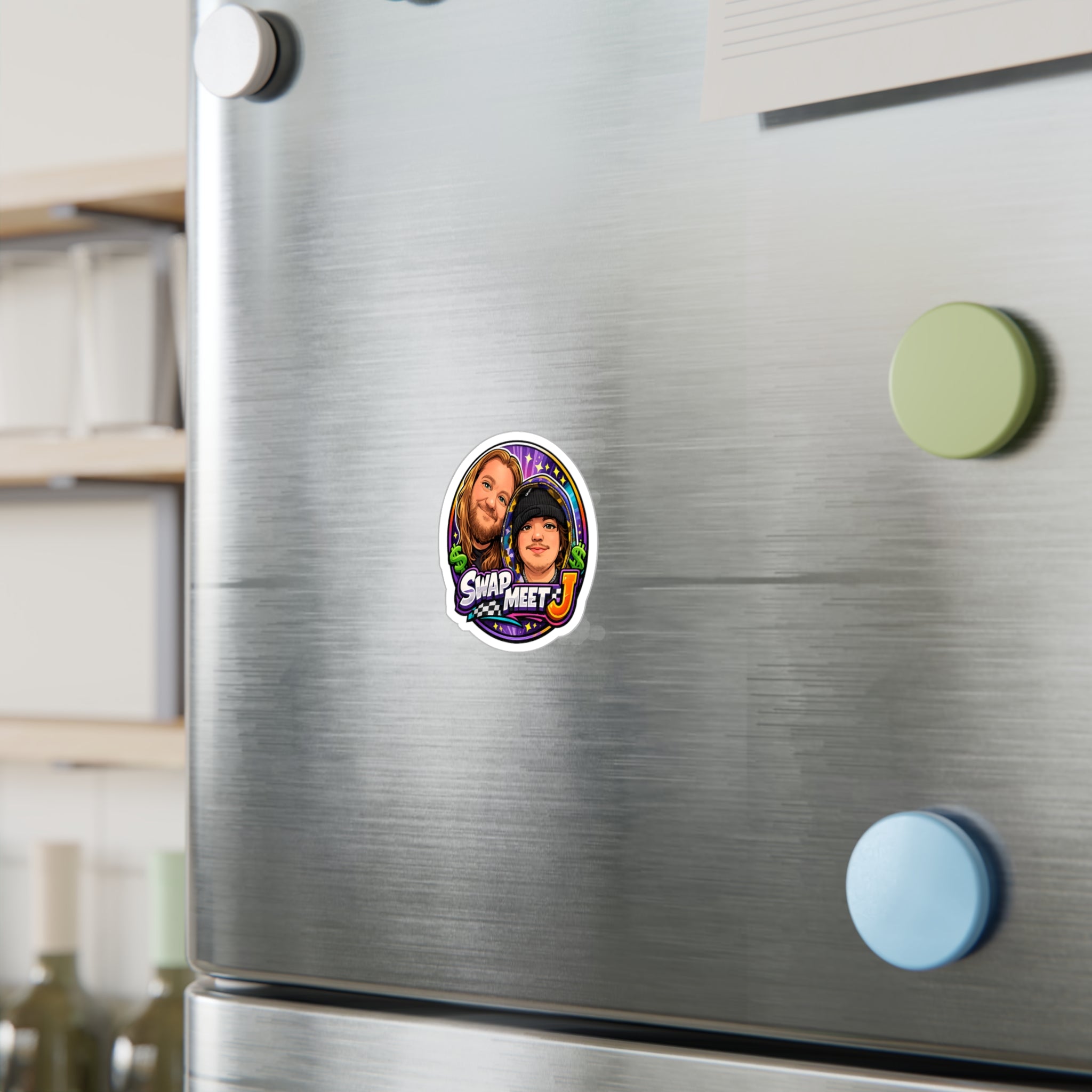 Swap Meet J Kiss-Cut Vinyl Sticker — Cartoon Portrait Logo Decal
