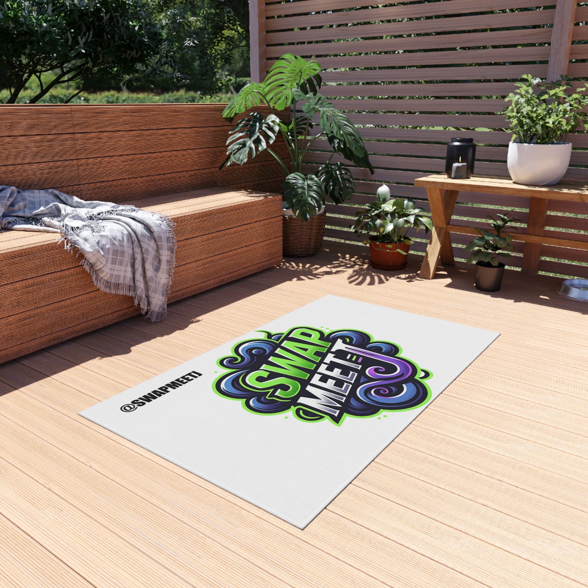 Swap Meet Graphic Outdoor Rug – Bold Neon Logo Doormat